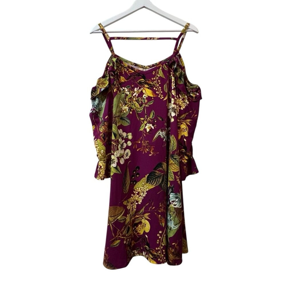 Du Jour Cold Shoulder Dress Floral Purple Raspberry Ruffle 3/4 Sleeve Size Large - Picture 8 of 16